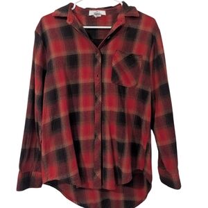 LIFE,Red and Black Plaid Button-Up Shirt,S